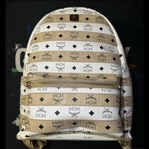 MCM Striped Visetos Mini Backpack in White & Tan